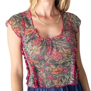 Natural Life Brianna Cotton Ruffle Trim Top Stretchy Mesh Cotton MEDIUM Boho